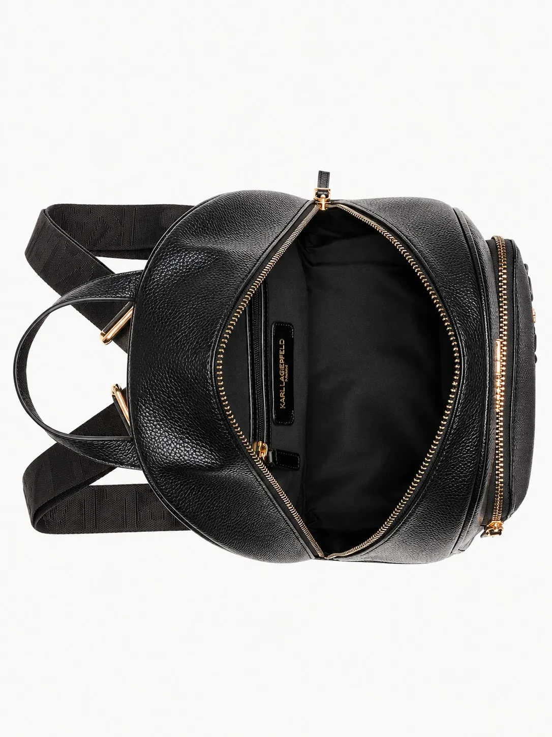 Morral Karl Lagerfeld negro abierto visto desde arriba, con forro negro, bolsillo interior con cremallera y etiqueta de la marca