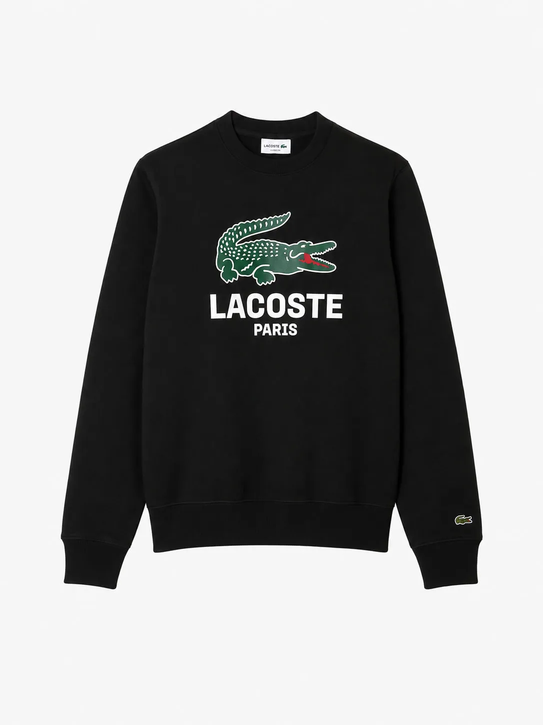 Buzo Lacoste Classic Printed Crew Neck negro, vista frontal con el cocodrilo estampado y el texto Lacoste Paris