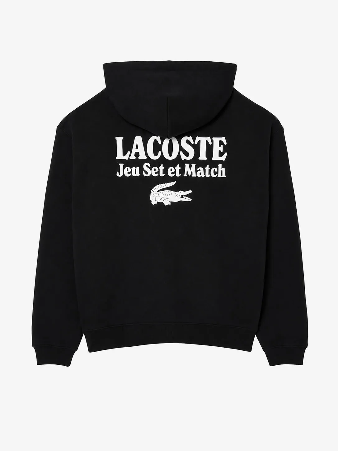 Hoodie Lacoste Multi Print Fleece negro, vista de espalda con el estampado grande Lacoste Jeu Set et Match y el cocodrilo en blanco
